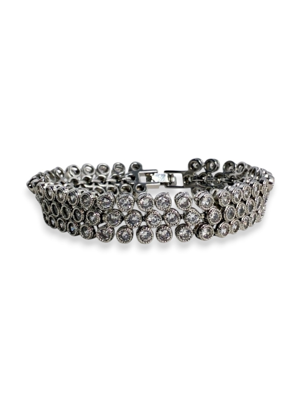 Three Row Tennis Bracelet Silver Tone Vintage Mid Century Modern Style